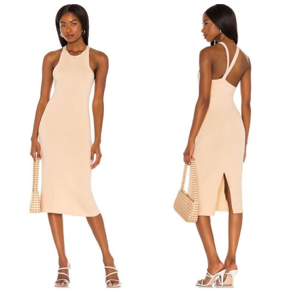 SNDYS Lucid Dress Ribbed Knit Midi Sleeveless Slit Sand‎ Women’s Small Cotton